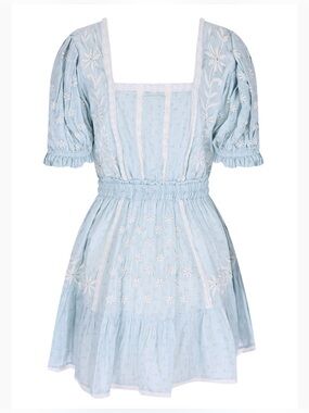 Loveshackfancy Tomasina Mini Dress size small blue with white detailing